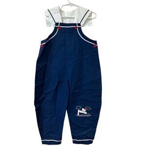 Absorba Vintage Boys Size 4T Blue & White Nautical Overalls Romper Sailboat 90s